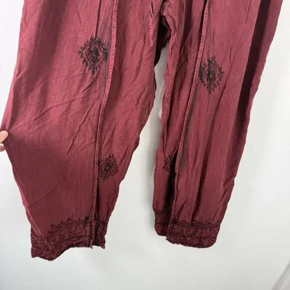Soft Surroundings Maroon Embroidered Pull On Wrap Pants Boho Lagenlook Womens Md - Picture 4 of 7